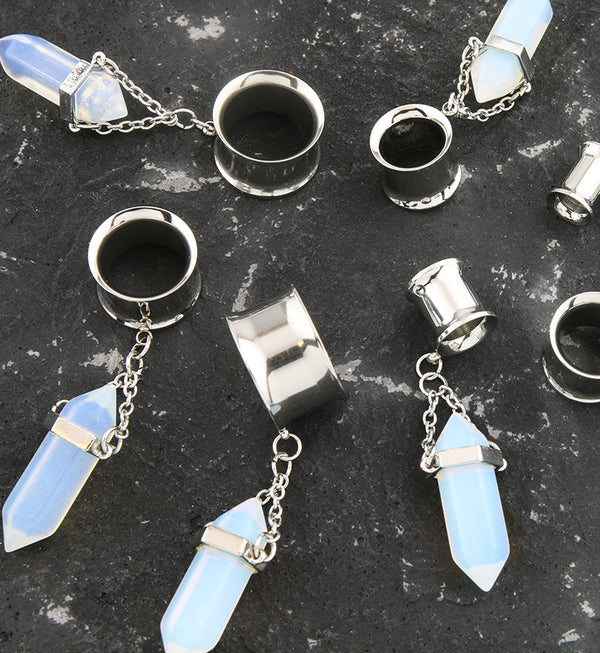 White Opalite Crystal Dangle Stainless Steel Tunnel Plugs