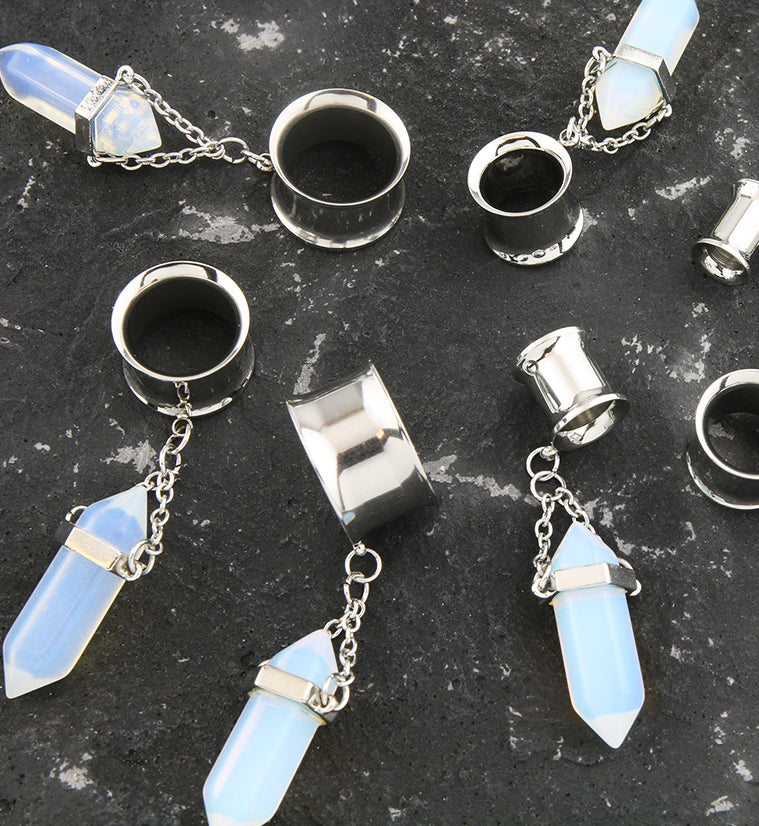 White Opalite Crystal Dangle Stainless Steel Tunnel Plugs