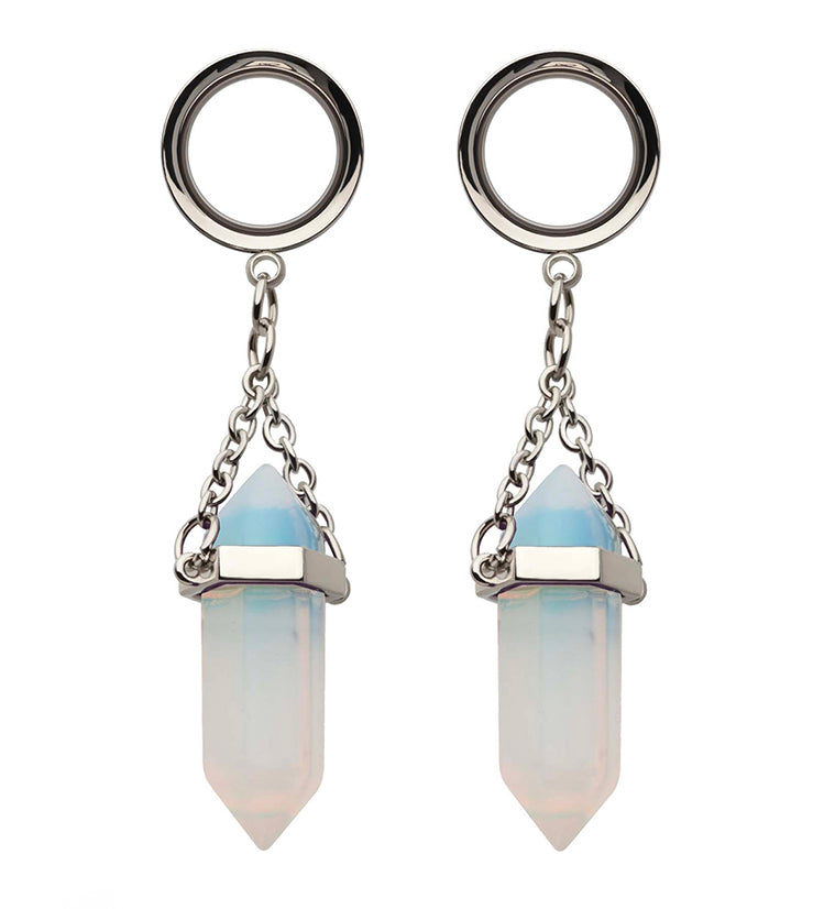 White Opalite Crystal Dangle Stainless Steel Tunnel Plugs