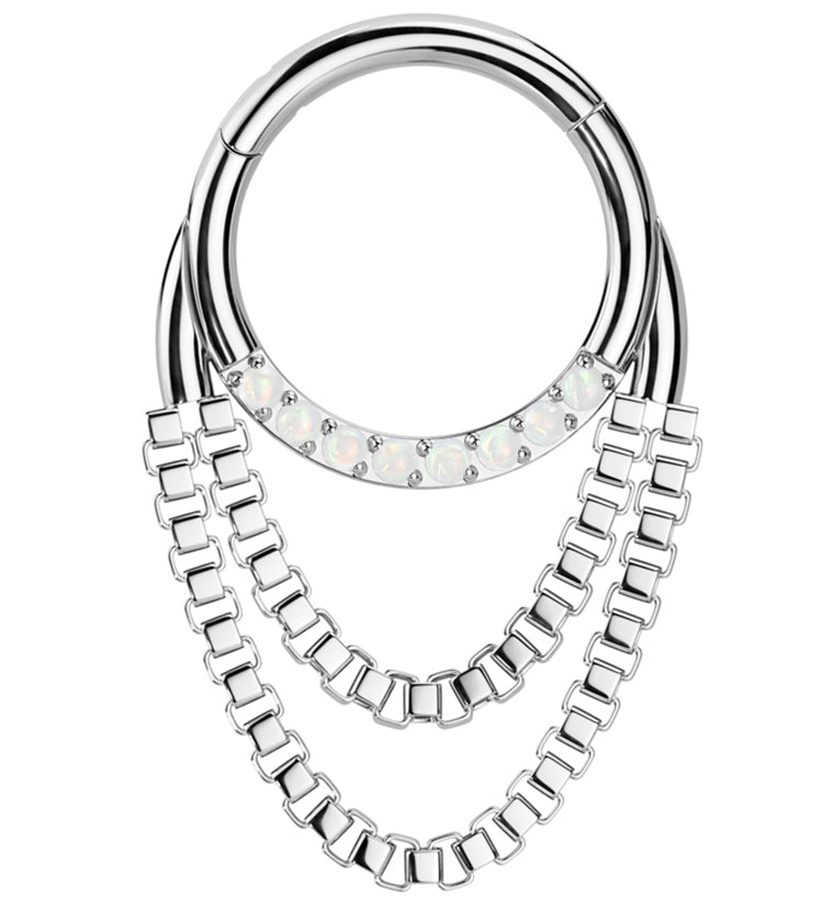 White Opalite Double Dangle Chain Titanium Hinged Segment Ring