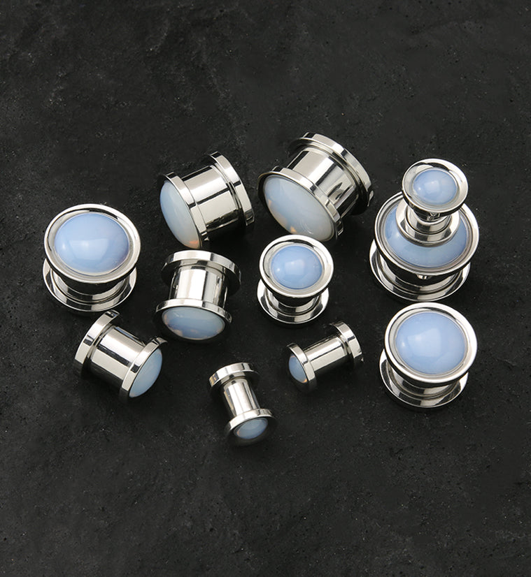 White Opalite Stainless Steel Screw Back Tunnel Plugs