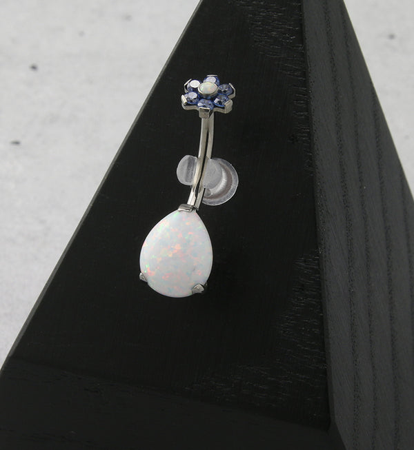 White Opalite Teardrop Tanzanite CZ Flower Titanium Belly Button Ring