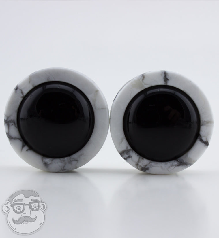 White Howlite Stone Plugs with Obsidian Stone Inlay