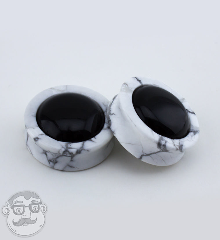 White Howlite Stone Plugs with Obsidian Stone Inlay