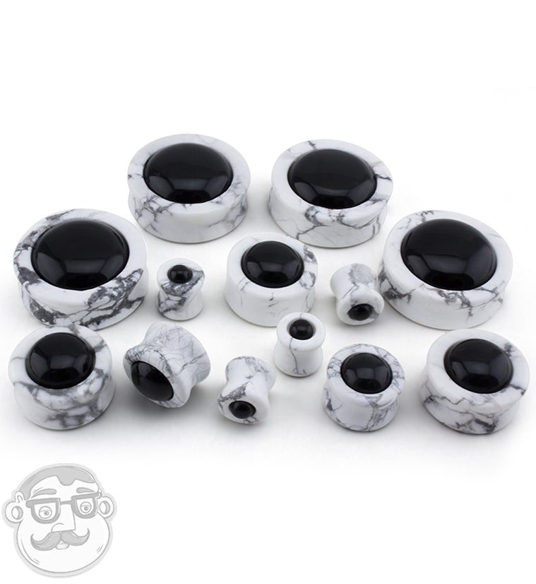 White Howlite Stone Plugs with Obsidian Stone Inlay