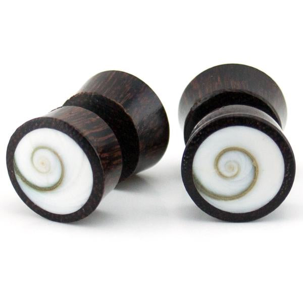 Wooden Fake Gauge Plugs with Sea Shell Inlay