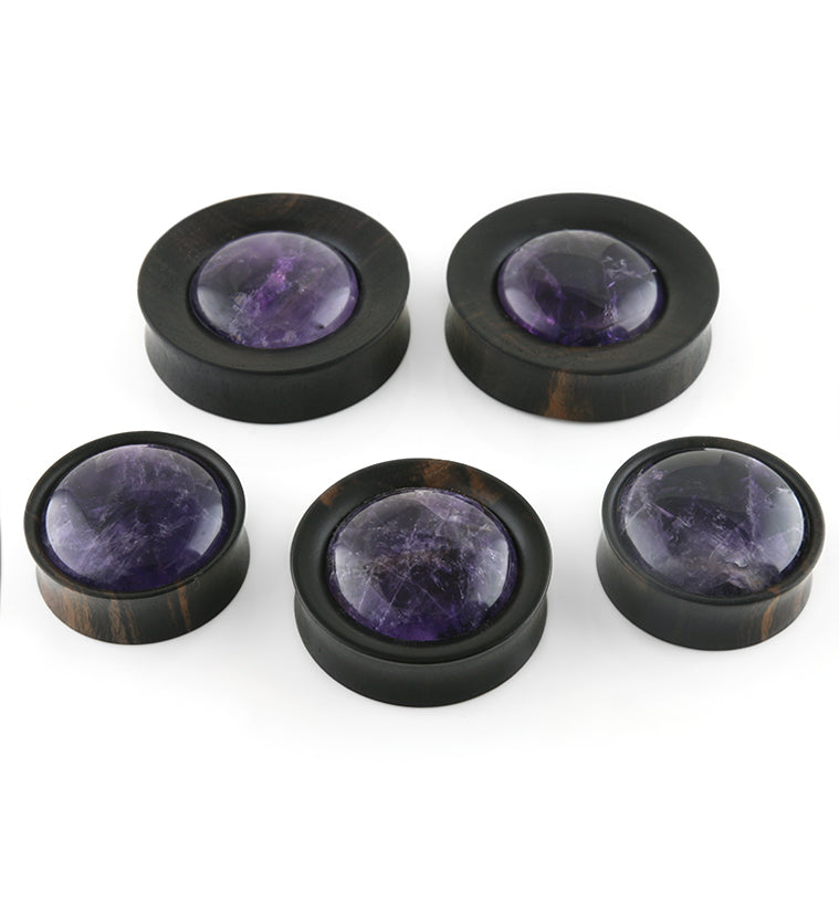 Areng Wood Plugs with Amethyst Stone Inlay (1 & 1/2
