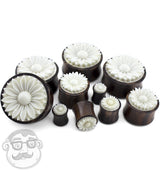 Sono Wood Plugs With Carved Bone Daisy Flower Inlay