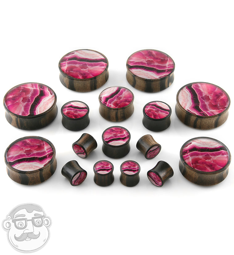 Areng Wood Plugs with Faux Pink Line Agate Inlay